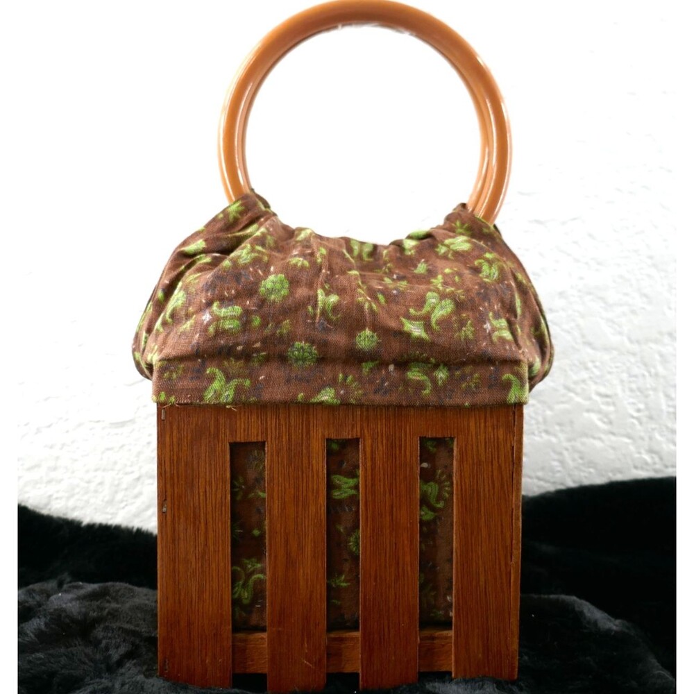 Vintage Purse Gary Gail Dallas Pickette Fence Brown Floral Wood Box Purse